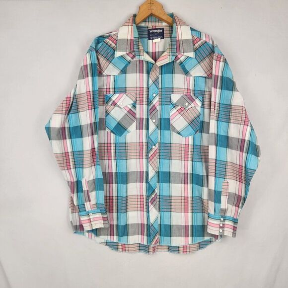 Wrangler Other - Wrangler Pearl Snap Shirt Mens 17.5" Cowboy Cut Long Tail Blue Pink Gray Western